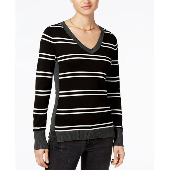 Hippie Rose Juniors Step Hem Sweater Black Stripe Combo S