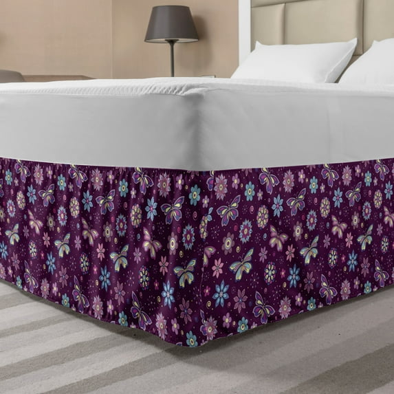 Butterfly Bed Skirt, Vortex Shapes Polka Dots Background Flower Pattern Colorful Animal Design, Elastic Bedskirt Dust Ruffle Wrap Around for Bedding Decor, 4 Sizes, Multicolor, by Ambesonne