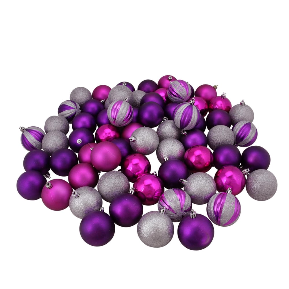 64ct Pink Purple and Silver 3Finish Shatterproof Ball Christmas