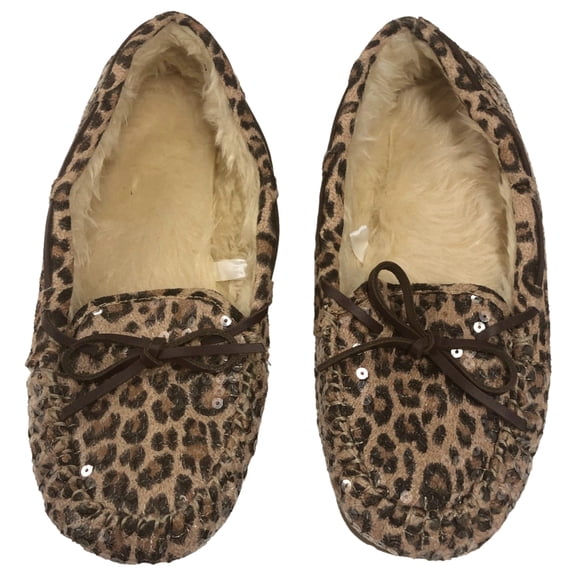 Womens Plush Brown Sequin Leopard Print Slippers Loafers 11