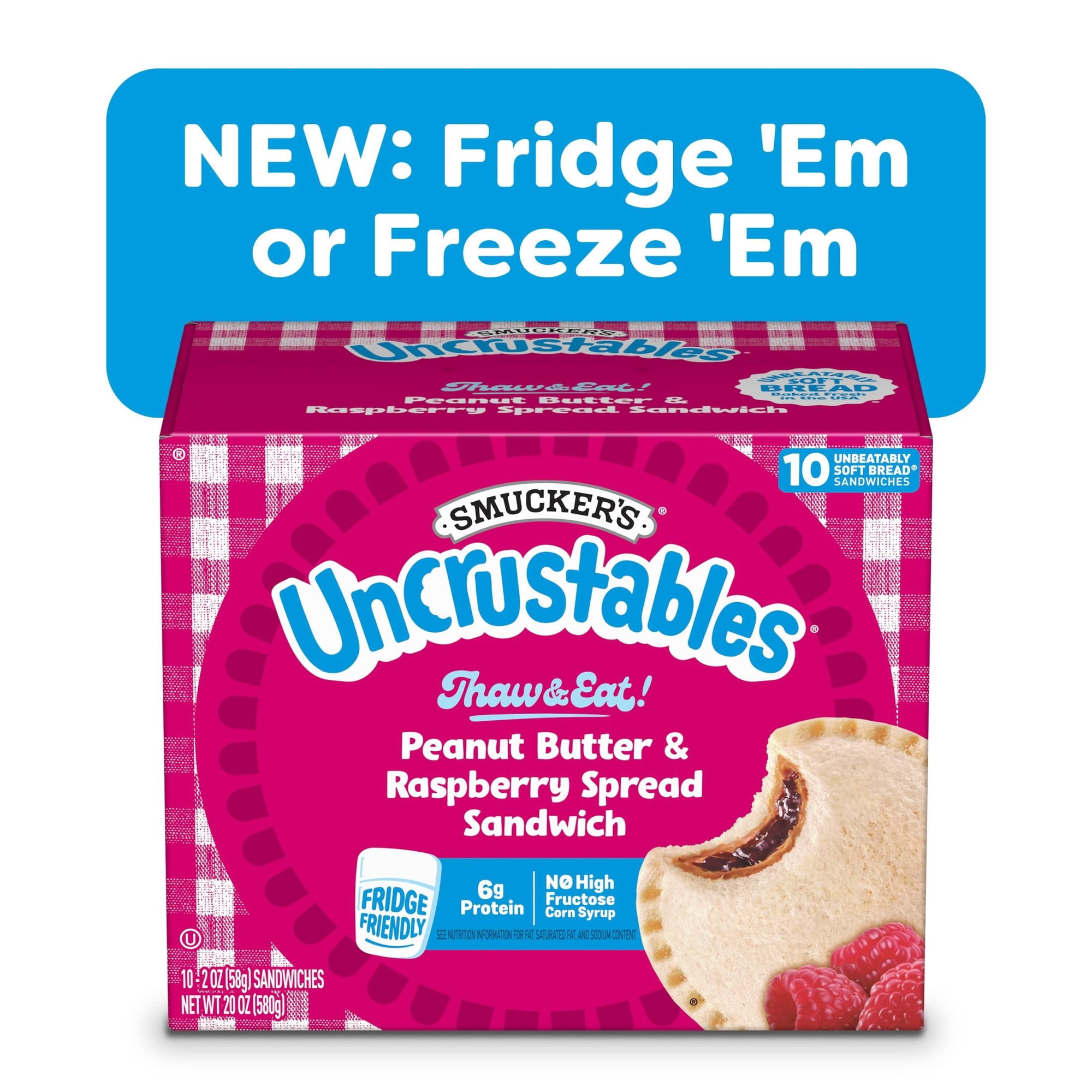 Smucker’s Uncrustables Peanut Butter & Raspberry Spread Sandwiches, 10 Count, 2 oz Each, Frozen