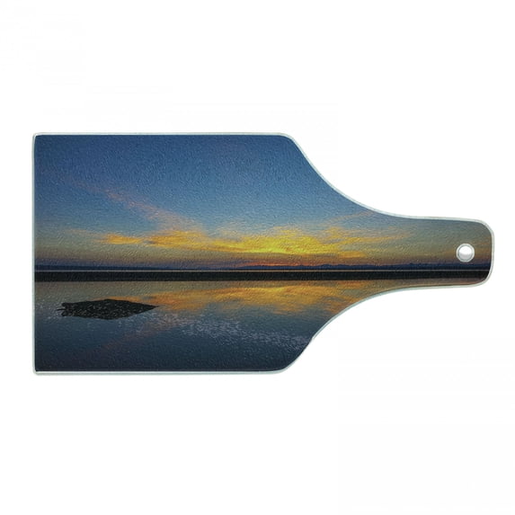 Yellowstone Cutting Board, Yellowstone National Park Sunrise on Lakeside Romantic Nature Outdoor Picture, Tempered Glass Cutting and Serving Board, Wine Bottle Shape, Yellow Blue, by Ambesonne