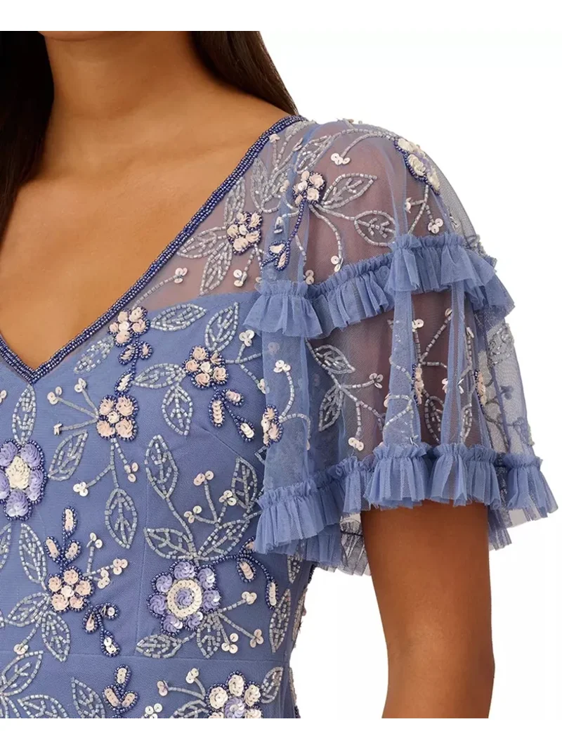 ADRIANNA PAPELL Womens Blue Beaded Ruffled Zippered Lined Sequined Short  Sleeve V Neck Knee Length Party Fit + Flare Dress 12 - Walmart.com