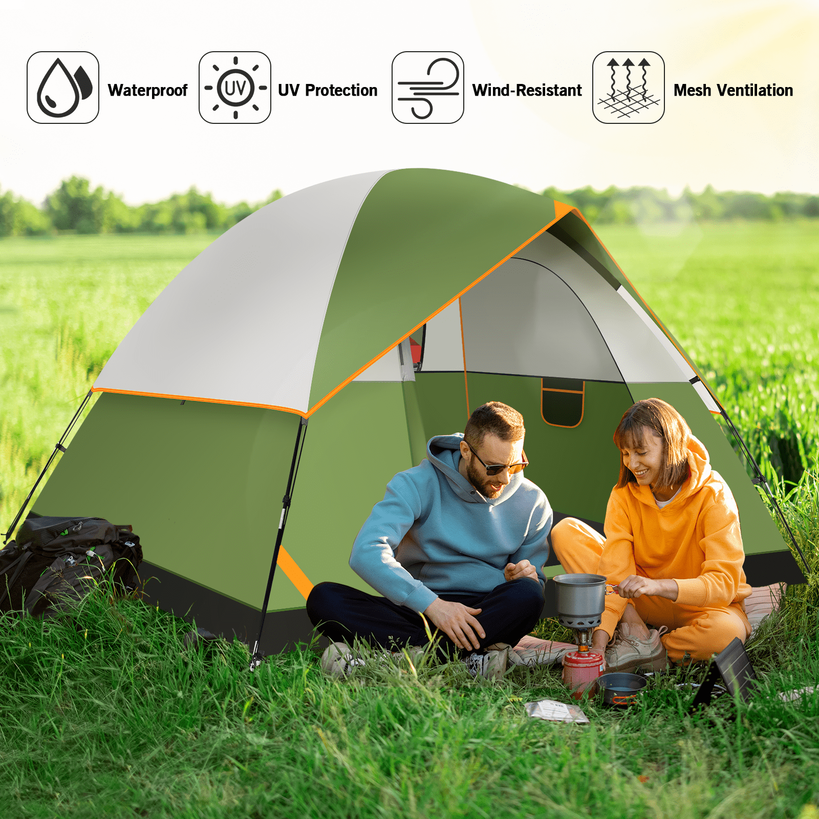 SANOPY Tent 4 Person Tent Easy Setup Camping Tent with Waterproof Rainfly, Windproof Design & Mesh Ventilation for Family, Hiking, Beach, and Travel