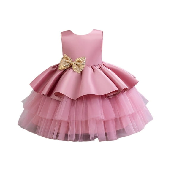 Girls Sleeveless Tulle Layered Party Dress with Bow Elegant Formal Princess Gown