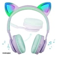 thumbnail image 2 of Riwbox Auriculares inalámbricos para niños, CT-7S Cat Ear Bluetooth, limitación de volumen de 85 dB, luz LED sobre la oreja con micrófono para computadora portátil/PC/TV (púrpura y verde), 2 of 5