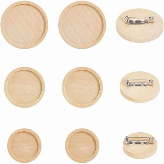 24Pcs 3 Sizes Pin Brooch Cabochon Wooden Cabochon Blanks Bulk Natural Wood Basic Flat Round Frame Tray Lapel Brooches Settings with Stainless Steel Safety Pins