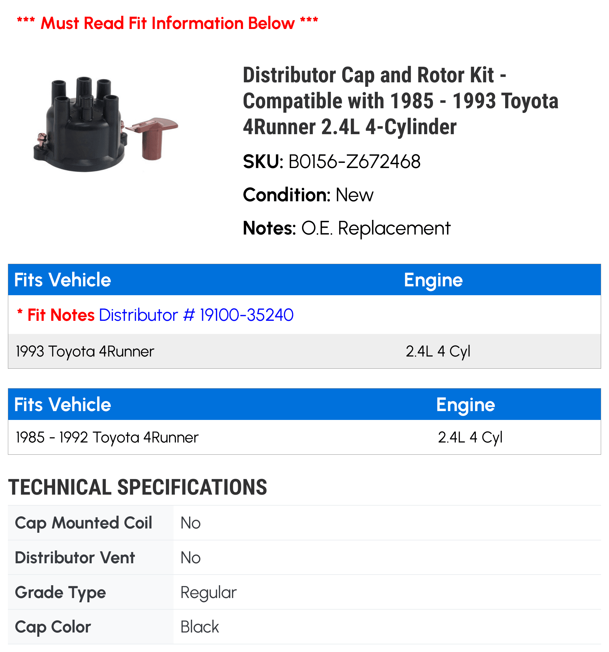 Distributor Cap and Rotor Kit - Compatible with 1985 - 1993 Toyota 4Runner 2.4L 4-Cylinder 1986 1987 1988 1989 1990 1991 1992
