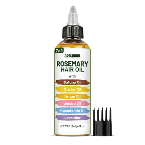 Adglamful 7-in-1 Rosemary Hair Oil with Batana, Castor, Argan, Jojoba, Macadamia & Lavender Oils - Hydrating & Nourishing Hair Treatment for Softness, Shine & Strength - 118ml (4 fl. oz)