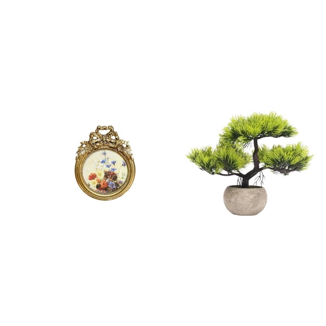 Marco de fotos redondo,Pequeño cuadro dorado vintage para la pared,Marco de fotos redondo decorativo de resina con ornamentos,Árbol bonsái artificial,Bonsái artificial para decoración de