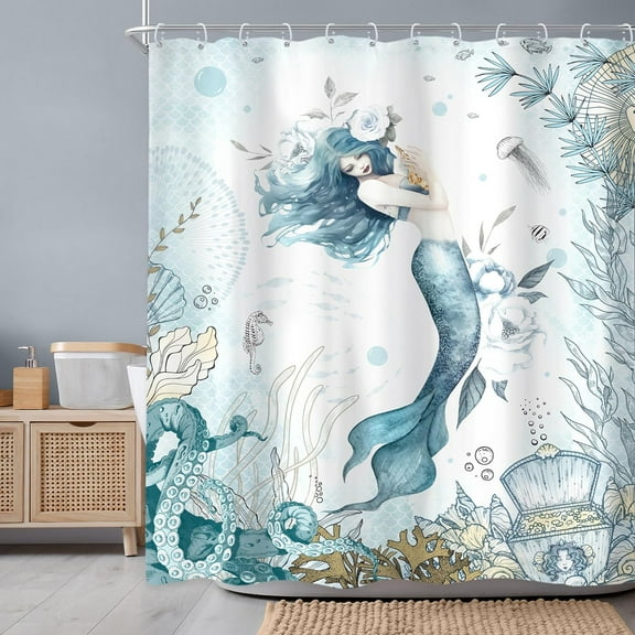 Mermaid Shower Curtain 60Wx72H Inch Nautical Blue Sea Ocean Octopus Coastal Coral Underwater Fish Seashell Jellyfish Teal Bathroom Set Girls Waterproof Bath Decoration Accessories Home Decor