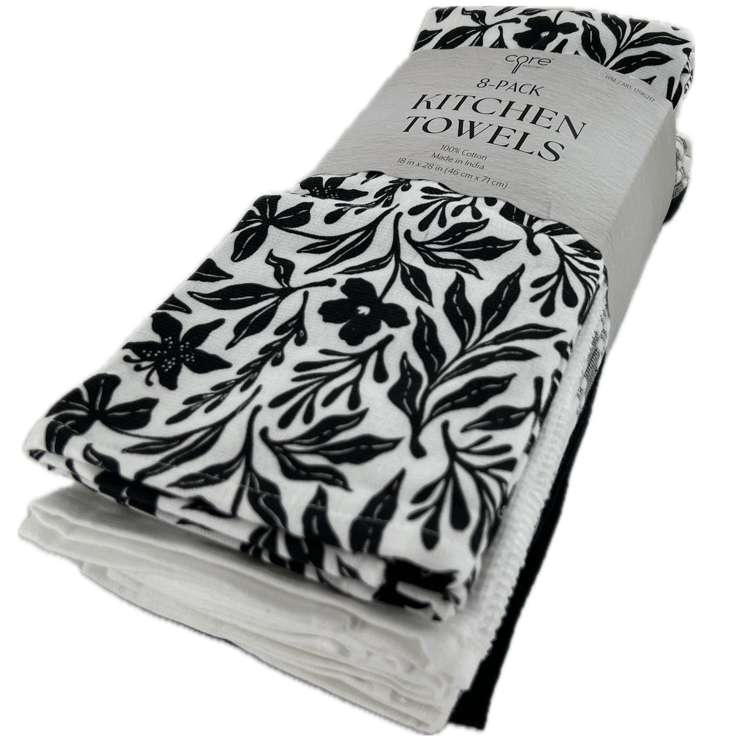 Core Kitchen 100% Cotton 18" x 28" Kitchen Towels, 8 Count (Black & White)