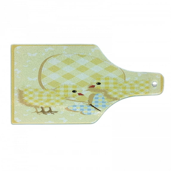 Cartoon Cutting Board, Abstract Chick Design with Plaid Pattern Butterfly Giant Egg Funny, Decorative Tempered Glass Cutting and Serving Board, Wine Bottle Shape, Pale Yellow Pale Blue, by Ambesonne