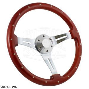 6 Hole 380mm Chrome Steering Wheel Real Wood Wrapped in leather Grip 15