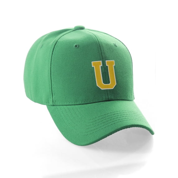 Classic Baseball Hat Custom A to Z Initial Team Letter, Green Cap White Gold Letter U