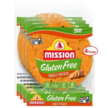 Mission Gluten Free Sweet Potato Tortilla Wraps, 6 Count, 10.5 oz, 8" Soft Taco Size, 4 Packs (24 Tortillas), Cerified Gluten Fee, High Fiber, Grain Free, Zero Trans Fat, Vegan Friendly