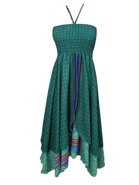 Mogul Just One Look Recycled Silk Sari Vintage Two Layer Bohemian Style Printed Evening Boho Chic Summer Halter Dress