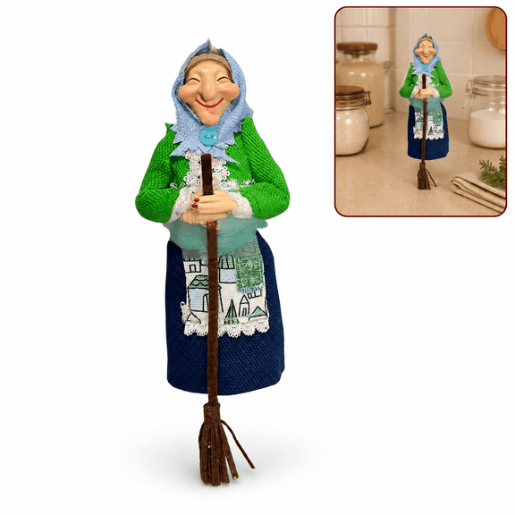 Kitchen Witch Doll, 7.02-Inch Resin Witch Figurine with Fabric Details, Whimsical Kitchen Countertop and Shelf Decor for Home, Halloween and Holiday Display