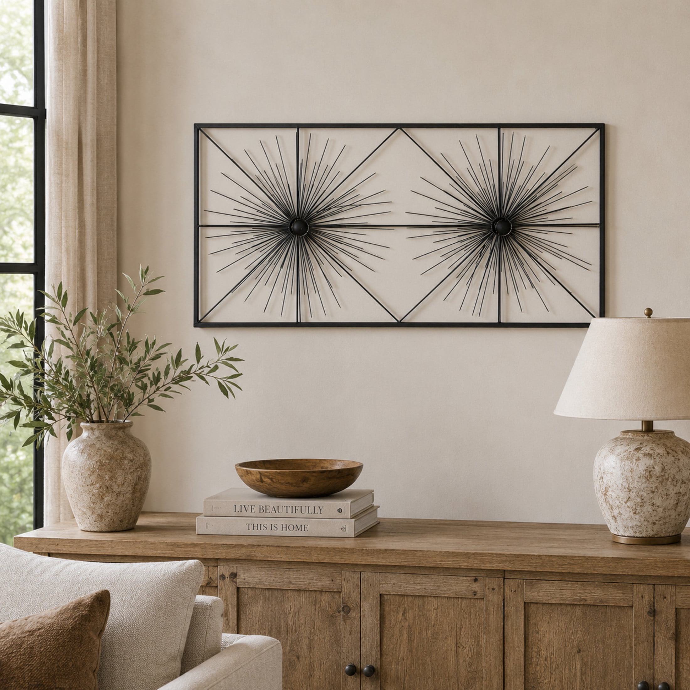DecMode Black Metal Sea Urchin Starburst Wall Decor with Black Frame