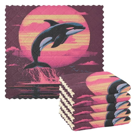

Dolphin with Sunset Vintage Kitchen Cloth Dish Towels for Drying Washing Absorbent Dish Rags 6 Pack