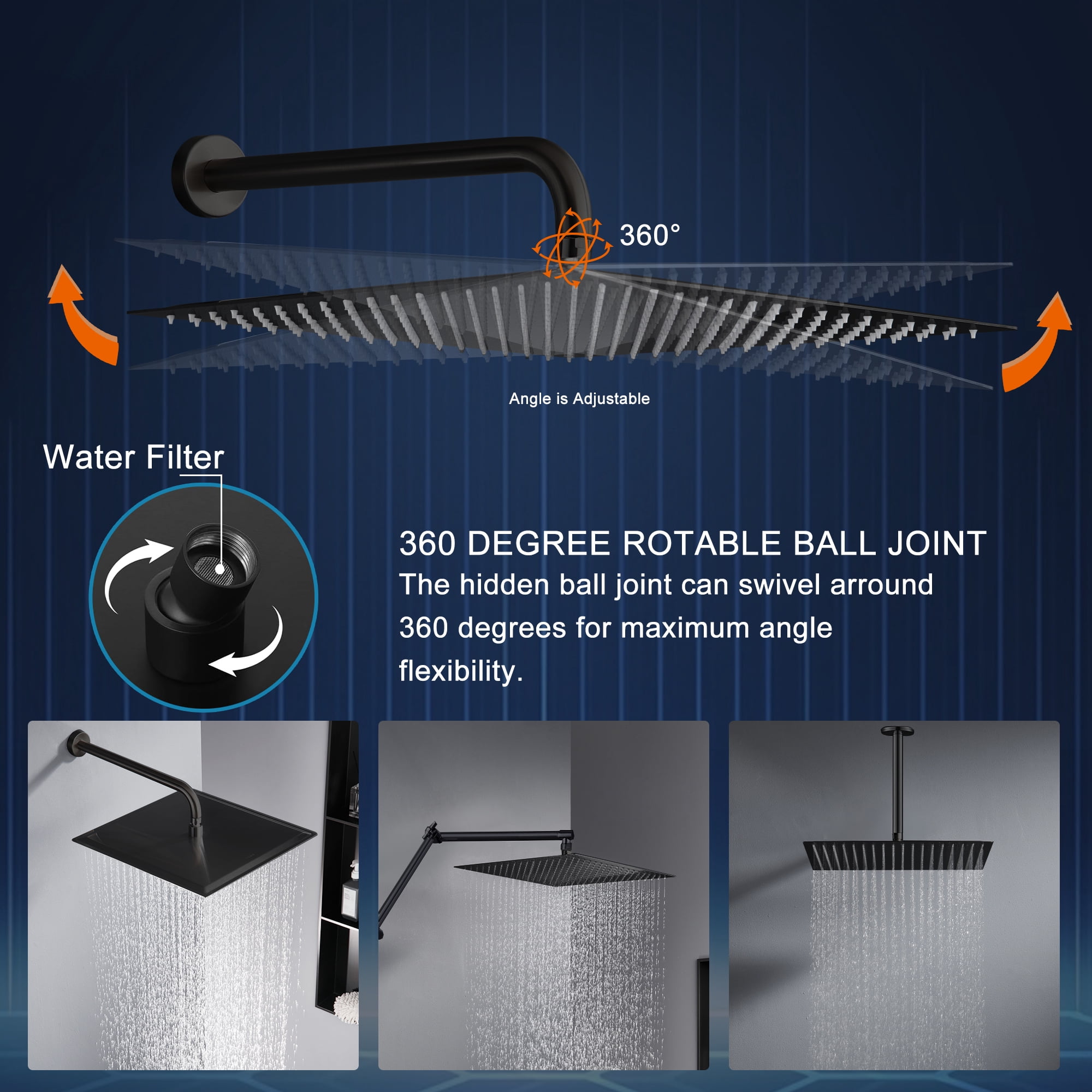 16 Inch Black Rain Shower Head, Square Ultra Thin 304 Stainless Steel High Pressure Shower Head, Large Rainfall Shower Head Full Body Coverage Modern Waterfall Shower Head