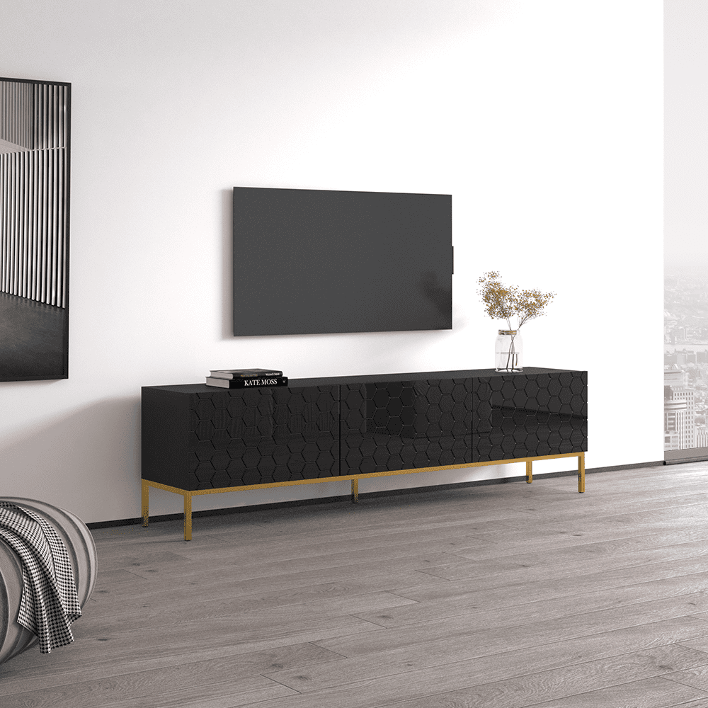 Hexa 01 TV Stand for TVs up to 85", Mid-Century Modern High Gloss 75" Entertainment Center, TV Media Console with Storage Cabinets