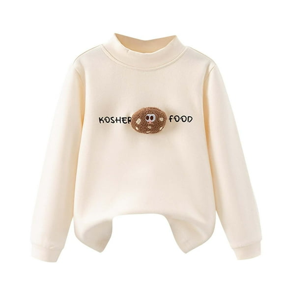 SERTG Girls Double Brushed Thermal Tee Shirt Long Sleeve Round Neck Fall Winter Playful Print Piece Top for Children 3-10 Years(Beige,7 Years)