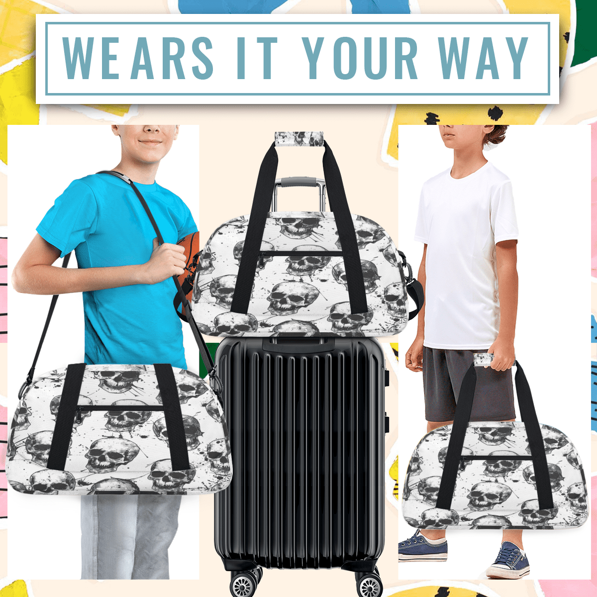 Herdesigns Sports Duffle Bags Travel Duffle Bag Gym Bag Sugar Skeleton Black White Skull Weekender Travel Bag Waterproof Overnight Bag Carry On Travel Tote Bag Dance Bags