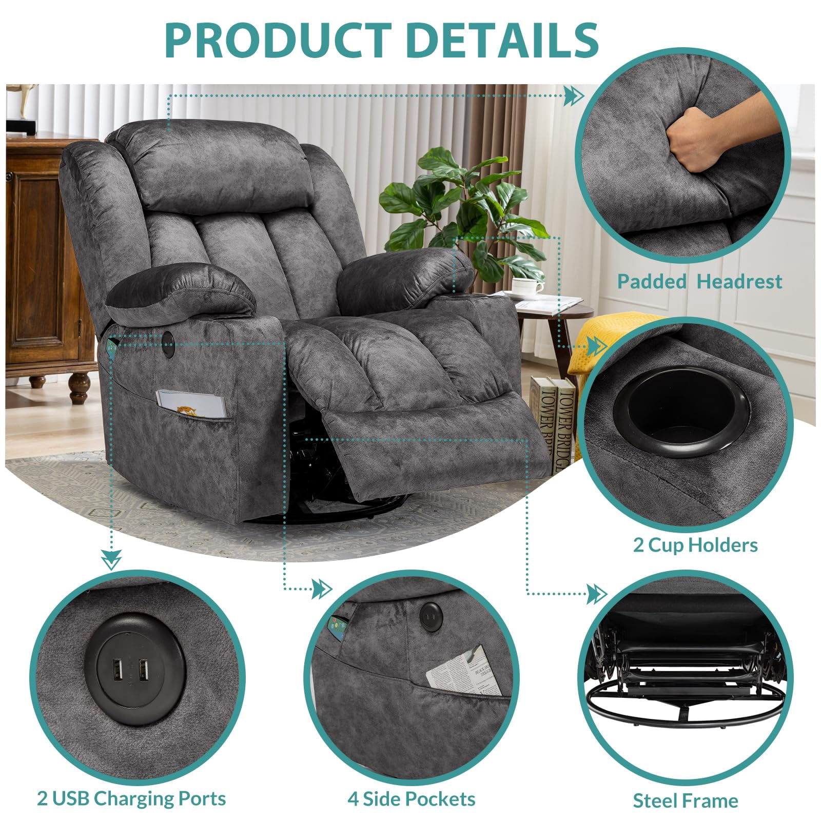 MEETWARM Massage Swivel Rocker Recliner with Heat and Vibration, Manual Glider Rocking Recliner Chair, 360°Swivel Lounge Reclining Chair with USB Ports/Cup Holder/Remote Control(Plush-Gray)