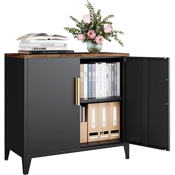 BarefHaven Metal Storage Cabinet with Doors and Shelves Small Buffet Sideboard for Kitchen Dining,Office Credenza Locker Modern Coffee Bar,Entryway Bathroom(Black)