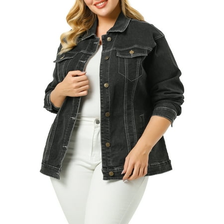 MODA NOVA Juniors Plus Size Long Sleeve Button Down Jean Denim Jacket with Pockets 4X Black