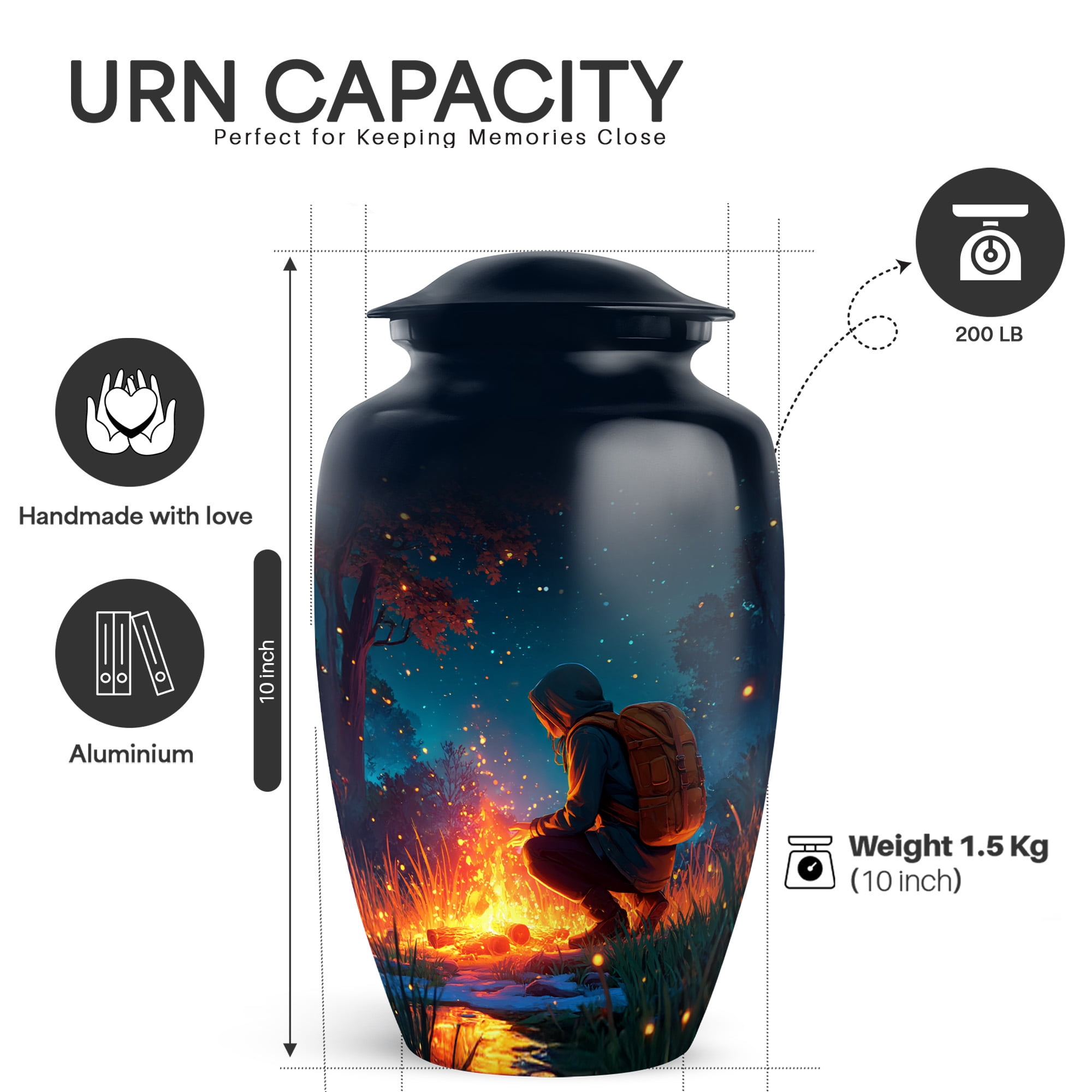 Yatskia Night Campfire Urns for Human Ashes Adult Female and Male, Cremation Burial Urn for Adult Ash, Decorative Funeral Urn for Ashes for Women, (Classic Large, 10 Inch)