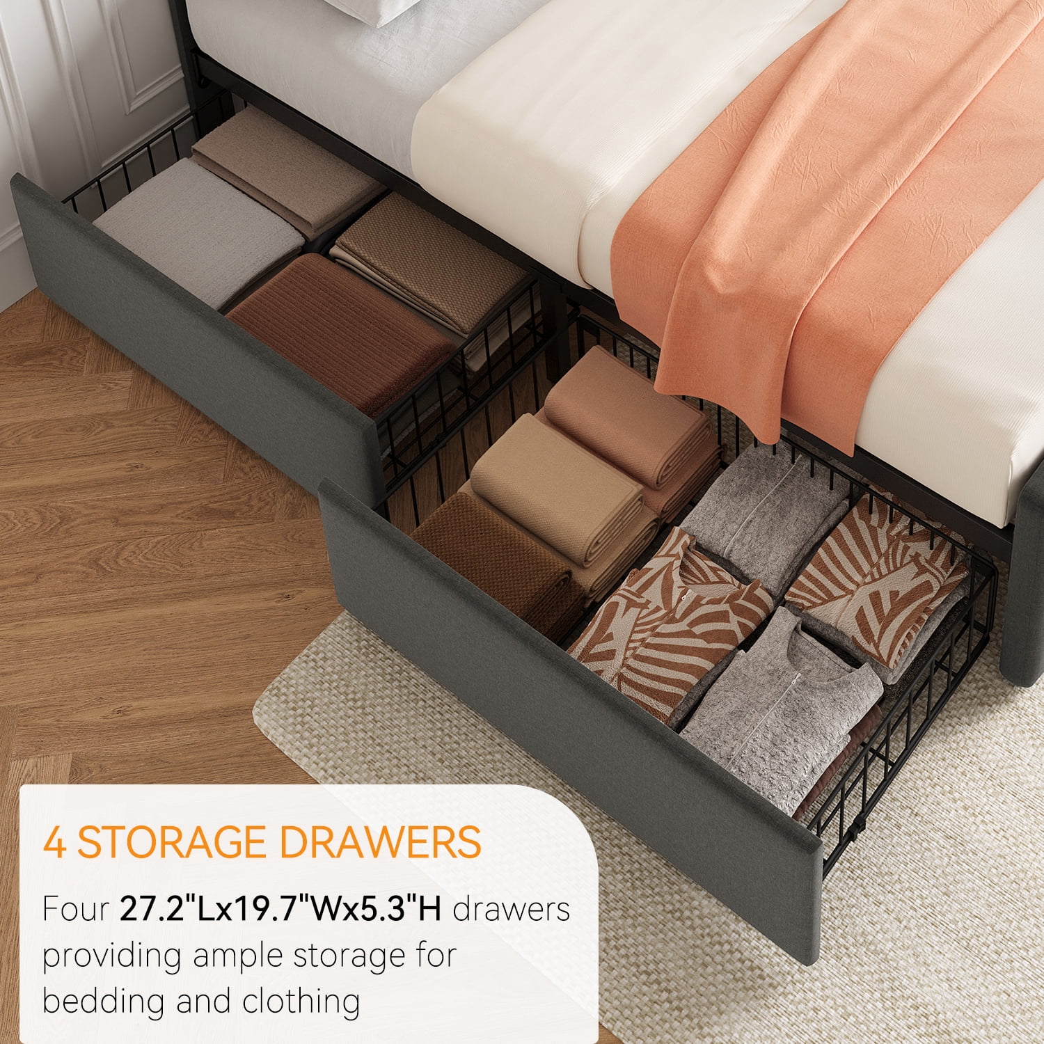 Huisuilinss Linen Upholstered Platform Bed Frame Queen Size Bed Frame With Button Tufted Design Headboard Full Size Bed Frame With 4 Storage Drawers Wooden Slats Support No Box Spring Needed