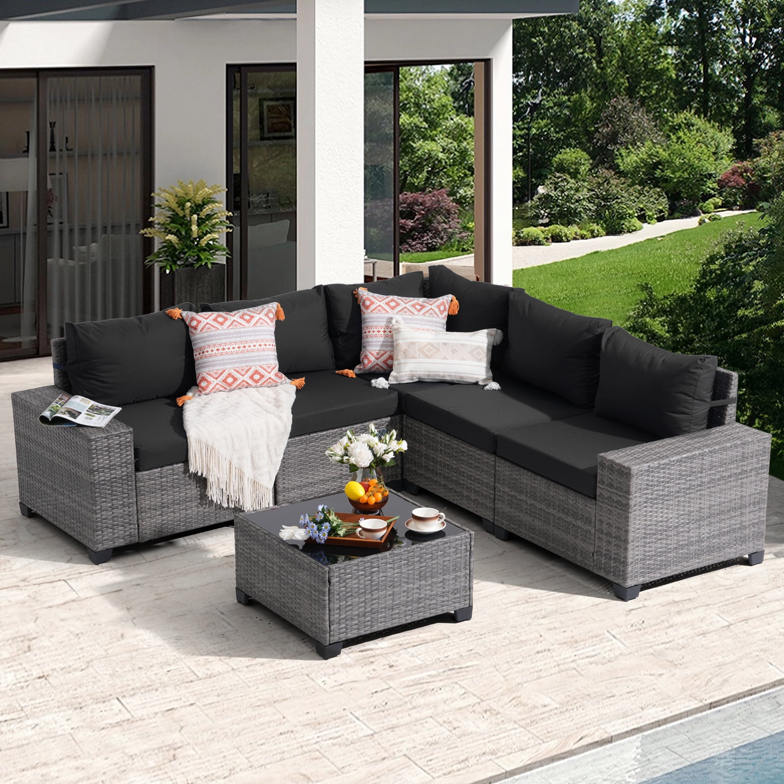 JOIVI 6 Pieces Patio Furniture Set with Coffee Table, Outdoor Wicker Rattan Sectional Sofa Conversation Set with Wide Armrest for Deck, Porch, Yard, Black