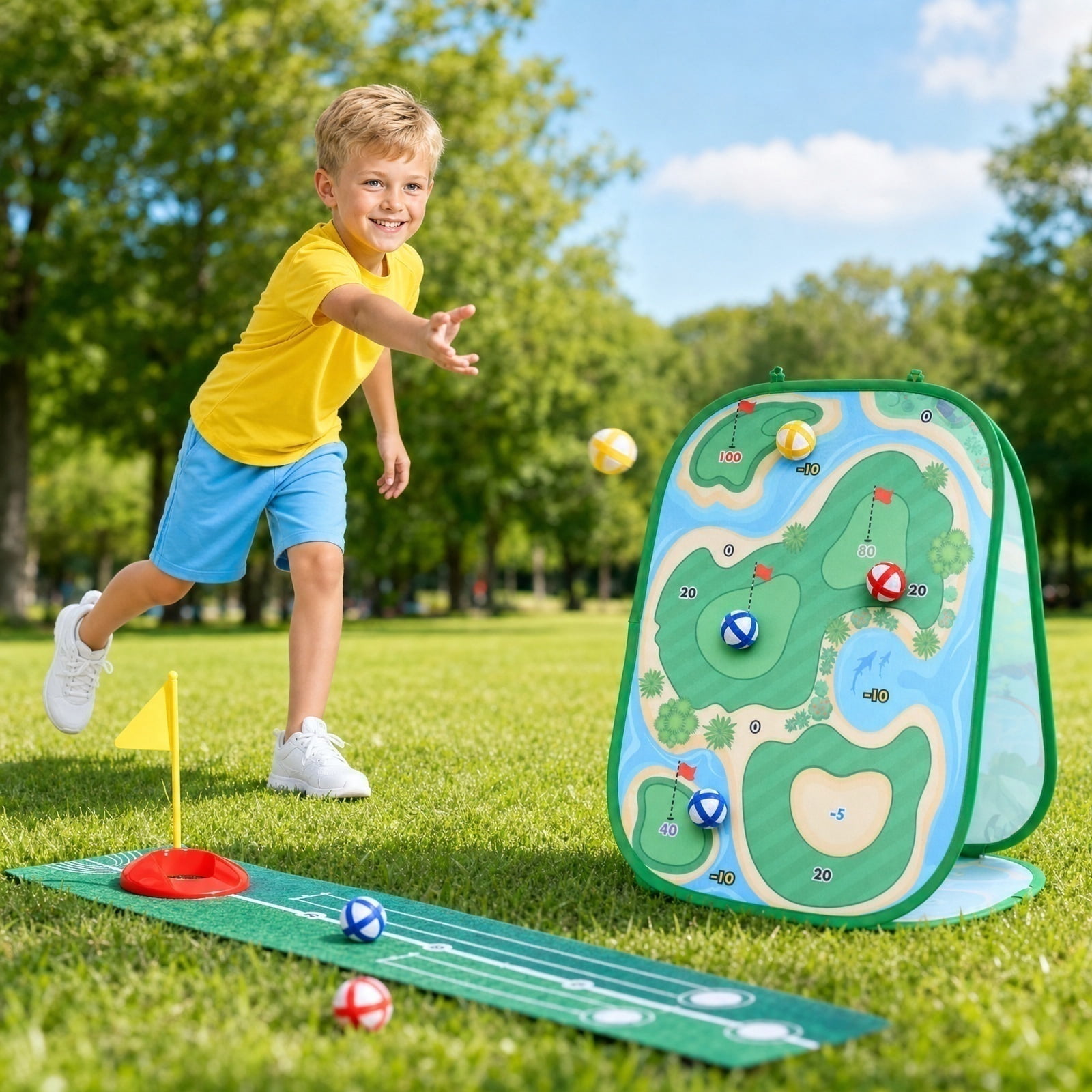 Backyard Golf Game Set, Velcro Golf Chipping Game, Golf Set for Student 4-8, Backyard Toys for Student Ages 4-8, Foldable 3-In-1 Cornhole Style Golf Toys Kit Complete with 1