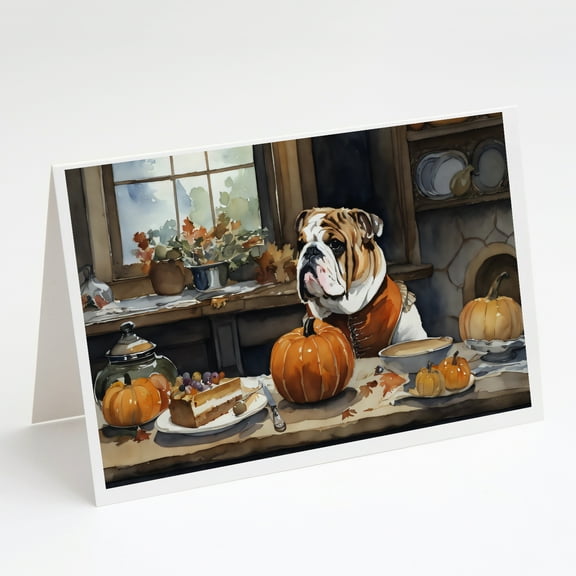 English Bulldog Fall Kitchen Pumpkins Greeting Cards and Envelopes Pack of 8 7 in x 5 in