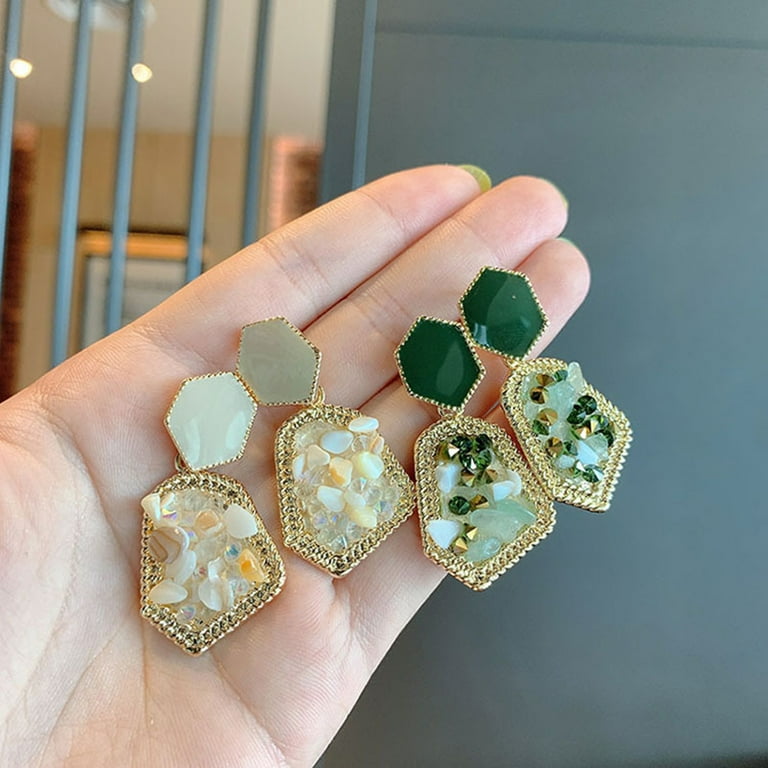 Green Geometric Statement Earrings For Women - Large Gold Drop Dangle Earrings, Prom Jewelry