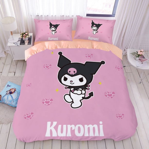Conjunto de cuatro piezas de algodón puro de dibujos animados de anime Sanrio Kuromi para niñas, juego de sábanas de algodón puro para dormitorio individual, funda de edredón, juego de tres piezas