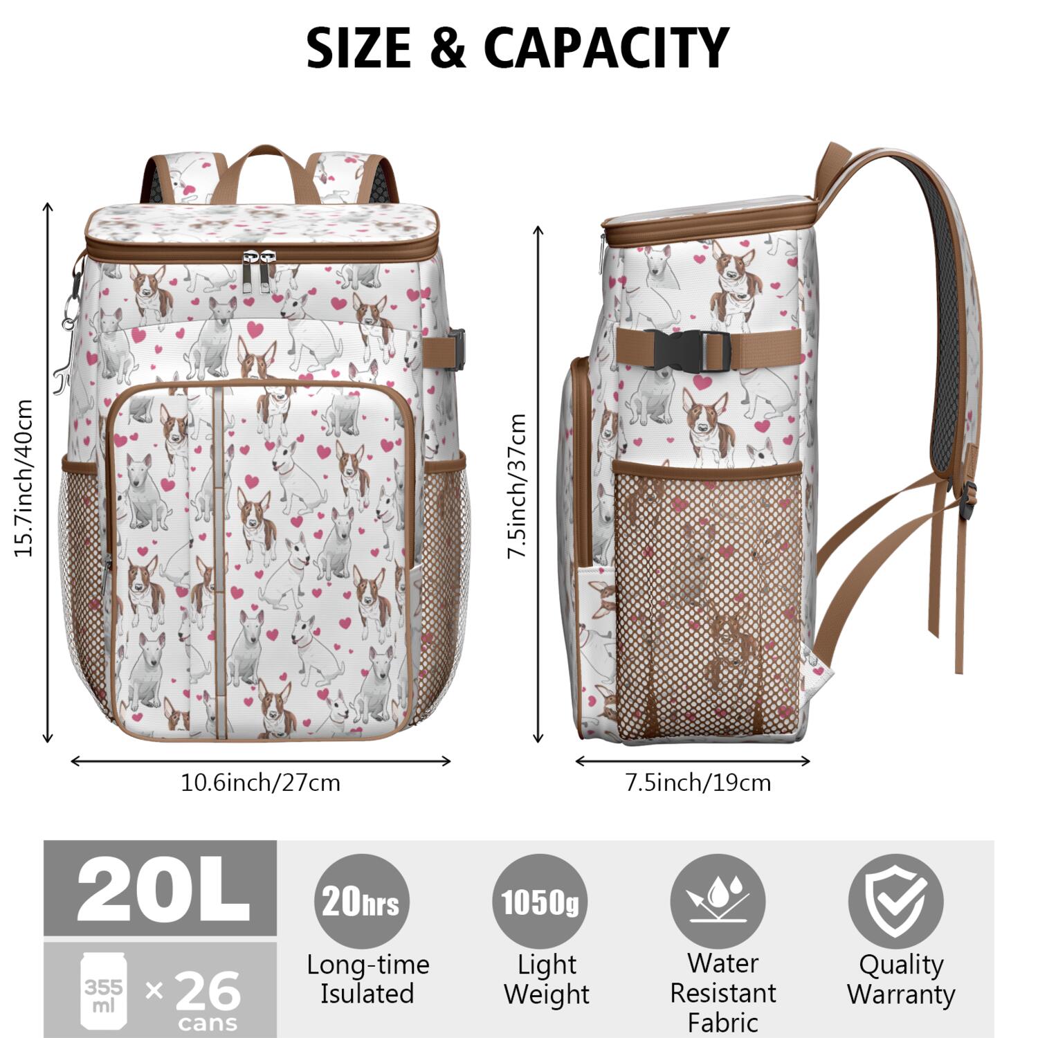 Travel Cooler Bag - Bull Terriers and Hearts Camping Beer Cooler Backpack with Bottle Opener- Waterproof Insulated Picnic Backpacks - Cooler Bag for Beach