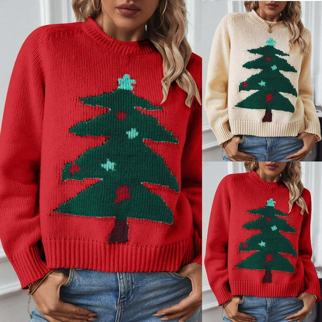 JURANMO Chandails à Manches Longues pour Femmes, Chandail Imprimé Arbre de Noël Laid, Col Rond, Offres du Jour Beige m