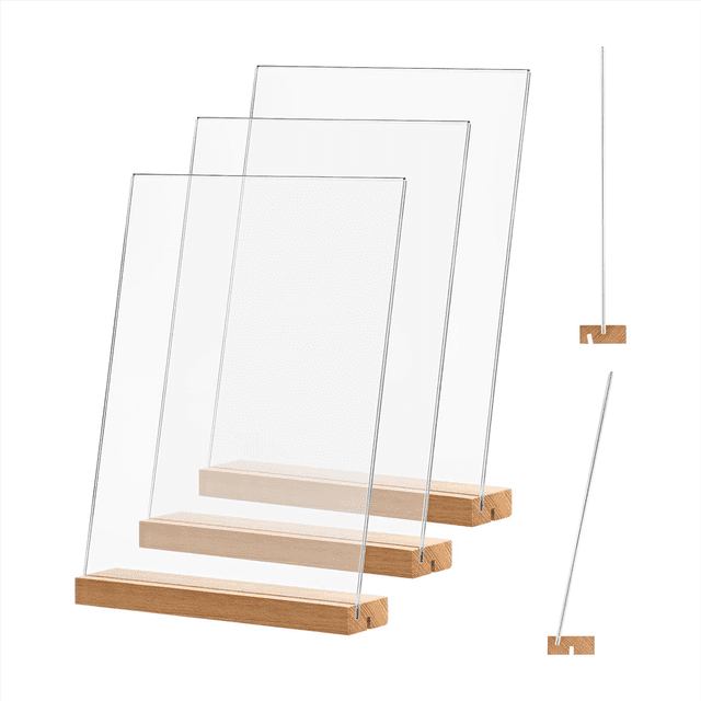 Acrylic Sign Holder,4 Pack, 8.5X11 Inches, L/T Shape Clear Acrylic Frames Wood Base, Table Menu Display Stand for Office