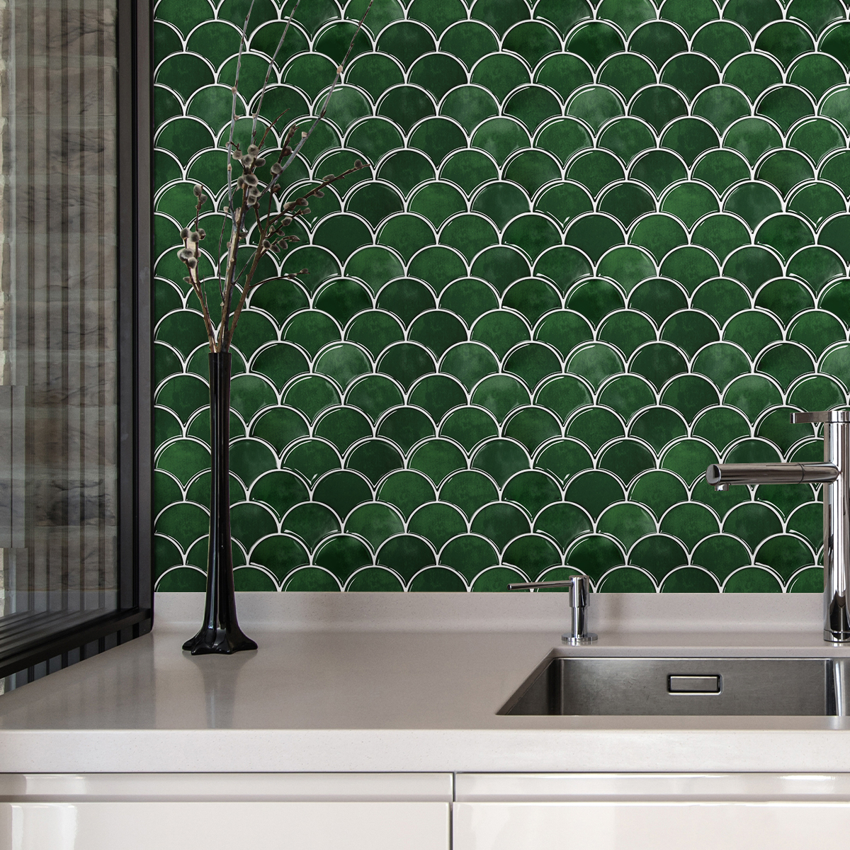 20 Sheets Peel and Stick Tile for Bathroom Kitchen Backsplash Tile Stickers Peel and Stick on Backsplash 12"x12" Fish Scale Removable Back Splash for Renters Living Room Fireplace