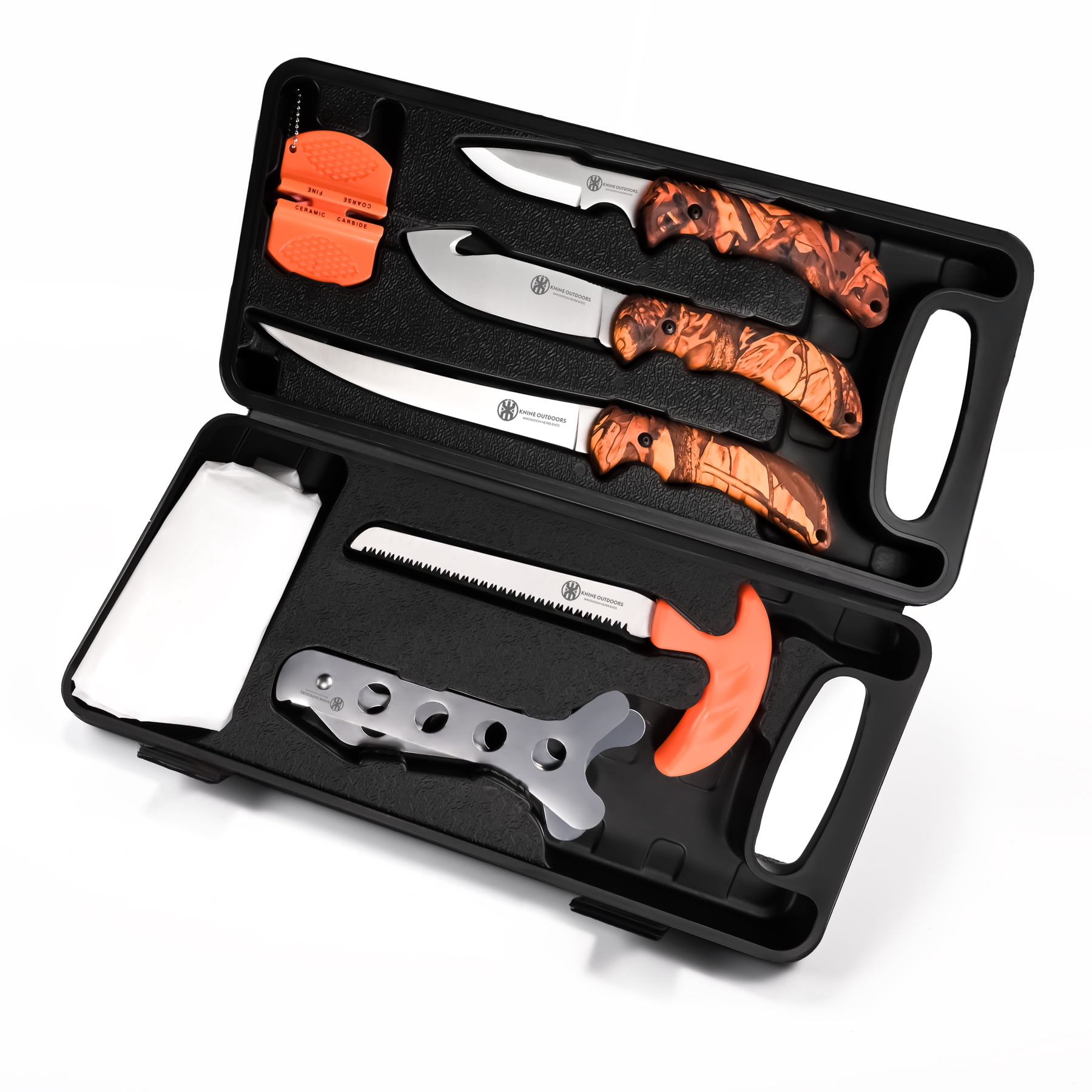 KNINE OUTDOORS Hunting Deer Knife Set Red Maple Camo Handle Field Dressing Kit Portable Game Processor Set with Nylon Belt Sheath, 8 Pieces