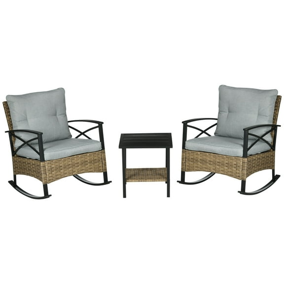 Outsunny 3 Piece Patio Rocking Chair Set Outdoor Wicker Bistro Set with 2 Cushioned Porch Rockers and 2 Tier Coffee Table for Garden Porch Backyard Light Gray