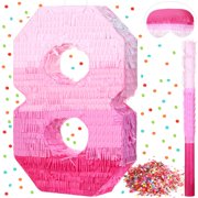 Sratte Number Piñata Pink Piñata Birthday Decorations Gradient with Stick Blindfold Confetti for Girls Boys Birthday Anniversary Party Decorations Supplies(Number 8) Y101