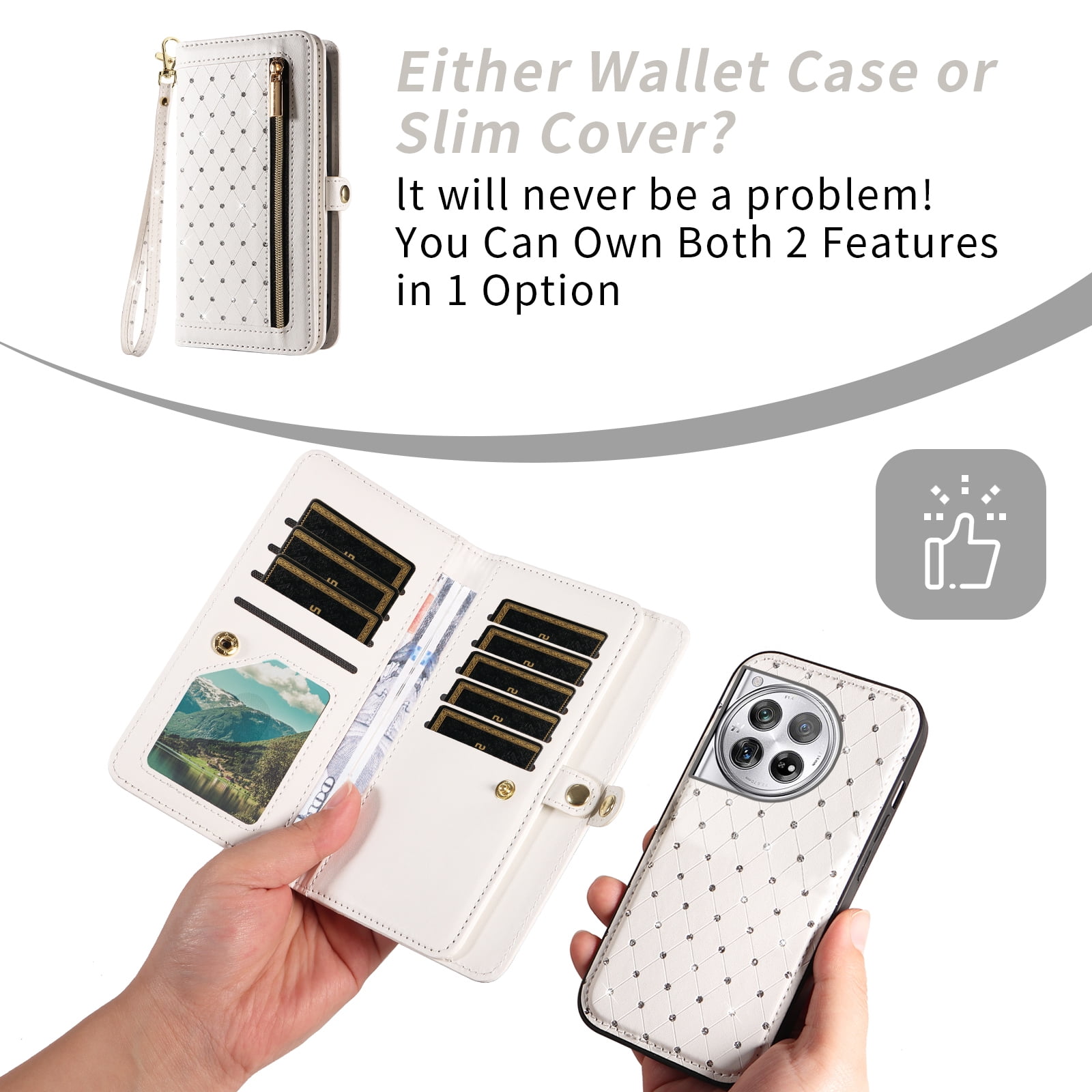 Asuwish Phone Case for OnePlus 12 5G Zipper Wallet Detachable Cell Cover with Tempered Glass Screen Protector Crossbody Lanyard Strap Bling Glitter Flip Card Holder Slot One+ 1plus12 2024 Women White