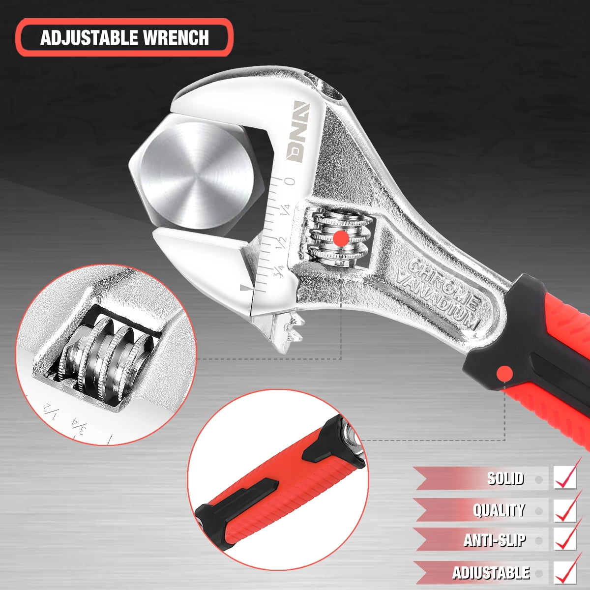 4Pcs Adjustable Wrench Spanner - 6-12 Inch, Vanadium Steel Automotive Repair Tool w/ Four-Sided Jaws and Rubber Grip