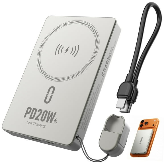 Duomigo Magnetic Power Bank 10000mAh for MagSafe, 20W USB-C Fast Charging Portable Charger with Wireless Charging, Aluminum Alloy Battery Pack for iPhone 17/16/15/14/13/12 Series, Silvery Gray