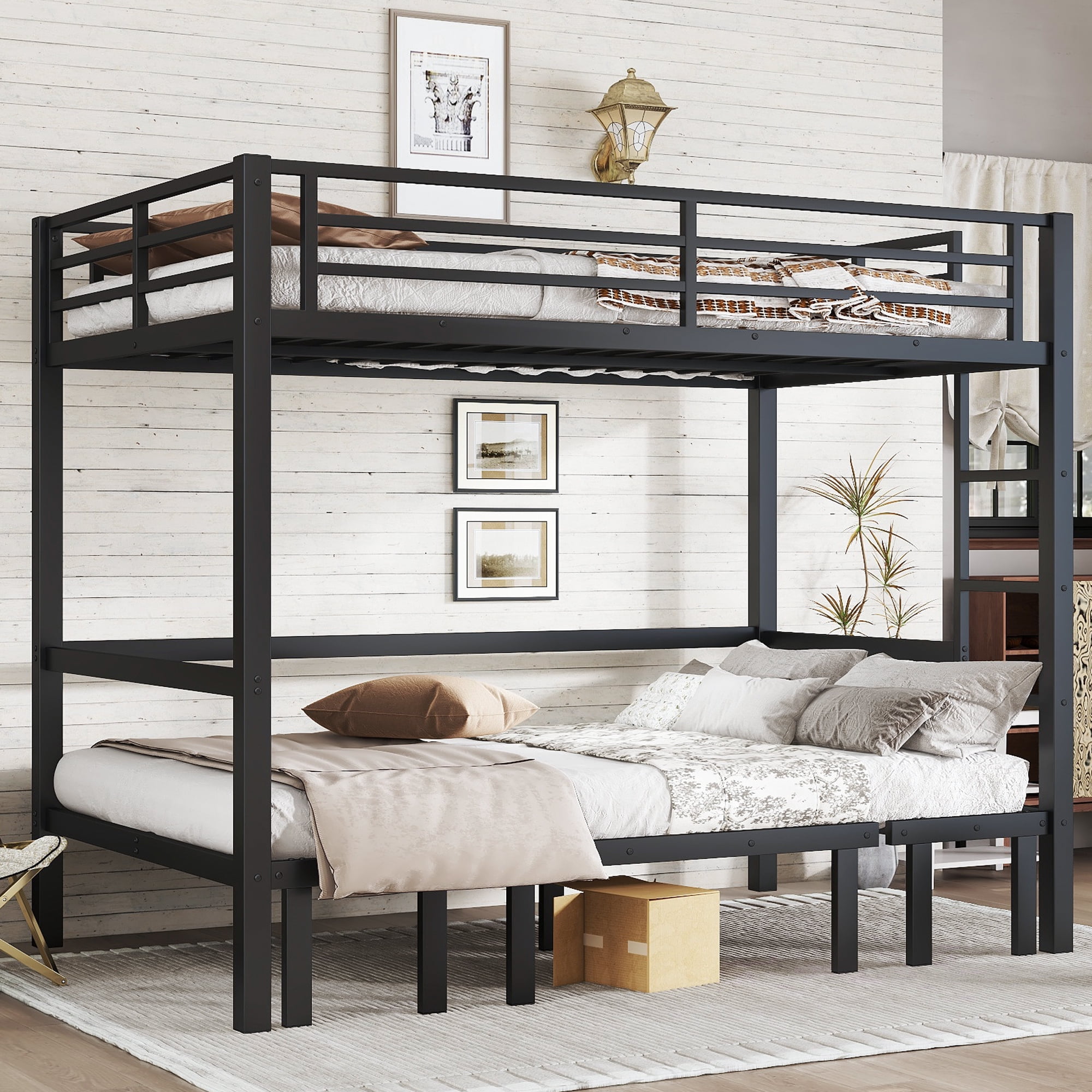 Mintazer Full Over Full Metal Bunk Bed with Pull-Out Lower Bed & Guardrails for Teens Adults Bedroom Dorm, Black