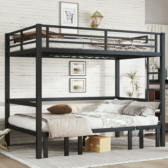Full over Full Metal Bunk Bed with Pull-Out Sofa Function, Space-Saving Convertible Bunk Bed with Safety Rails, Black Triple-Section Lower Bed for Teens Adults